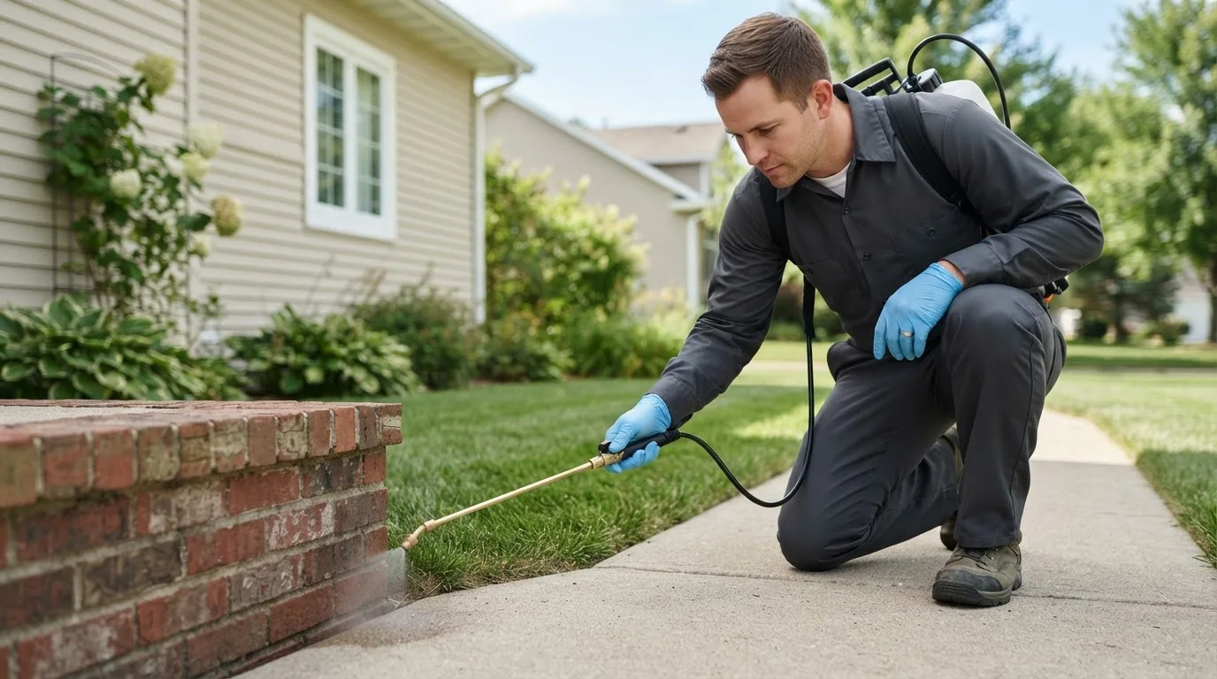 Pest control technician treating a home near Enochs, TX